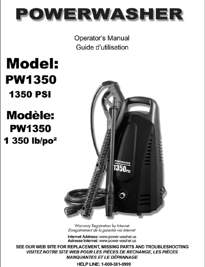 PW1300 Electric Power Washer Replacement Parts & Owners Manual